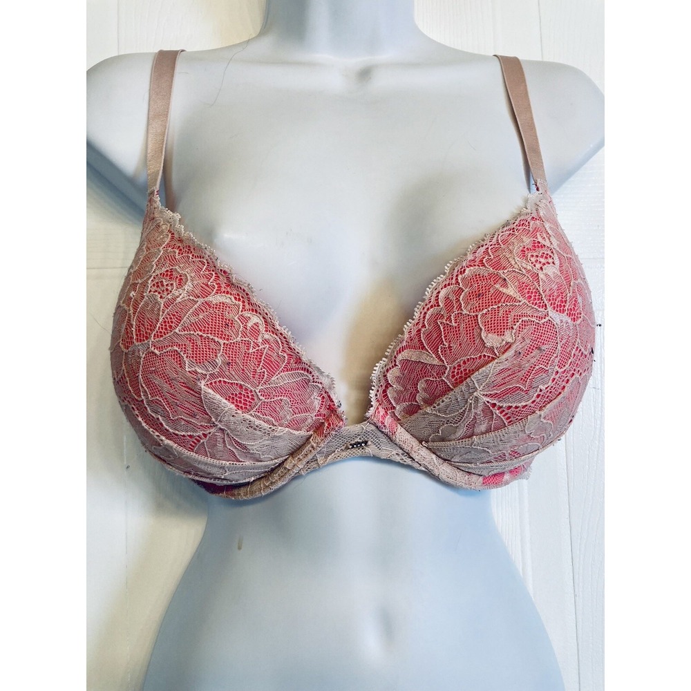 Victorias Secret Plunge Bra 34DD Pink Champagne Gold Lace Padded‎ Underwire